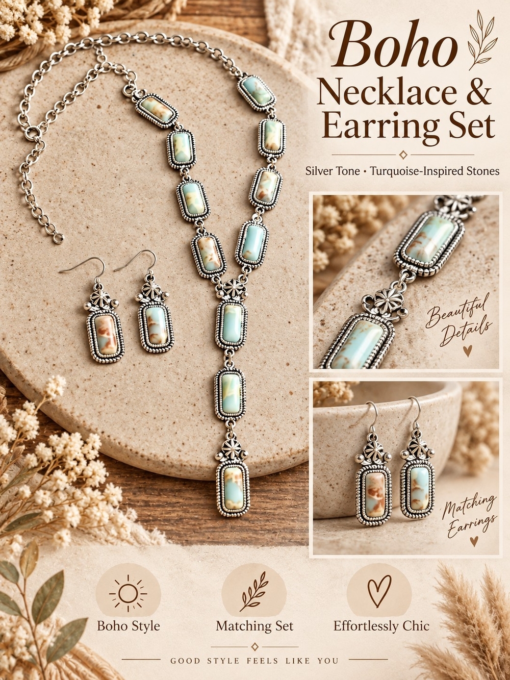 Boho Turquoise-Inspired Necklace & Earring Set - Silver Tone